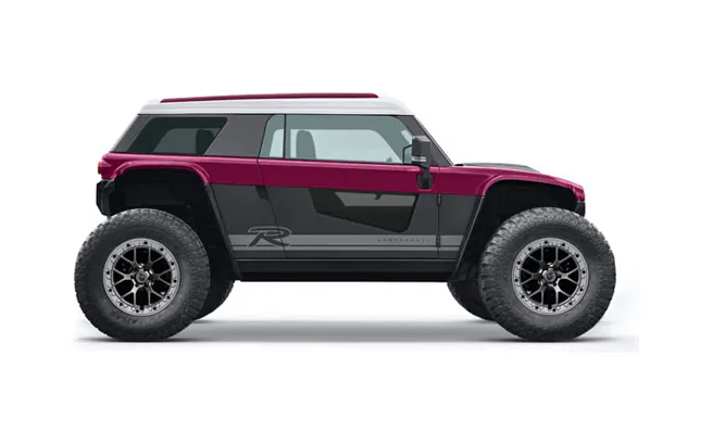 Side profile of a magenta and grey off-road design study
