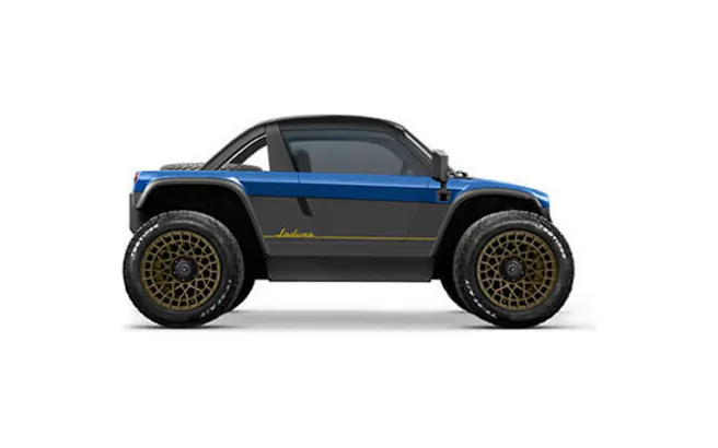 Side profile of a blue and grey off-road design study with gold wheels