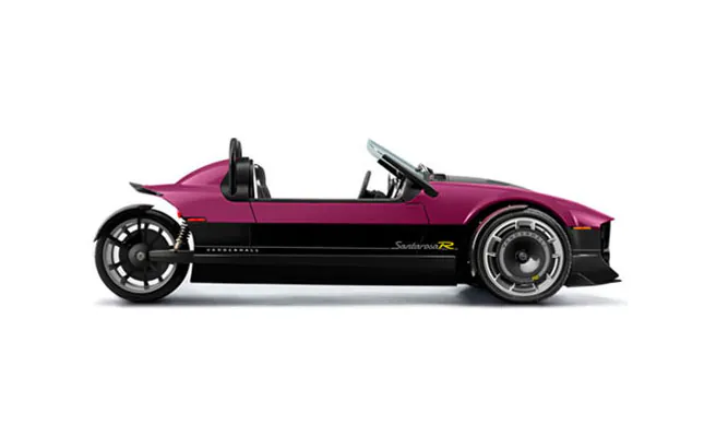Side profile of a magenta three-wheel roadster design study