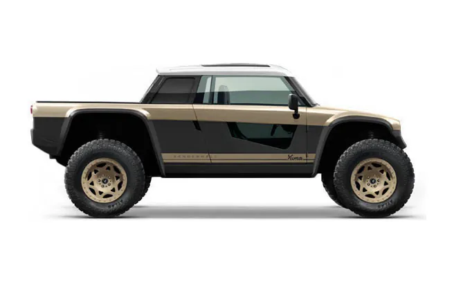 Side profile of a tan and black electric pickup design study
